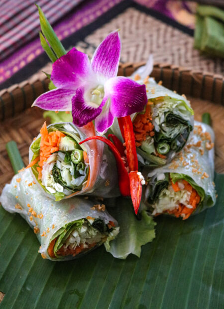 Zoom sur la découpe des rouleaux de printemps avec les légumes crus apparents