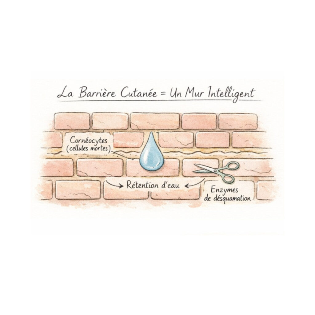 Schéma explicatif de la barrière cutanée représentée comme un mur avec briques et lipides