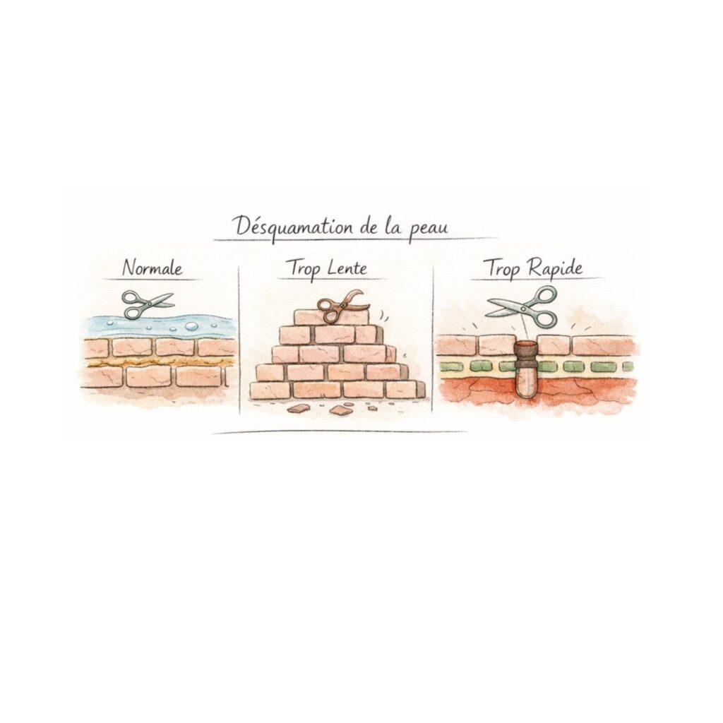 Shéma comparatif montrant une désquamation de la peau normale, lente ou trop rapide avec les conséquences sur la peau