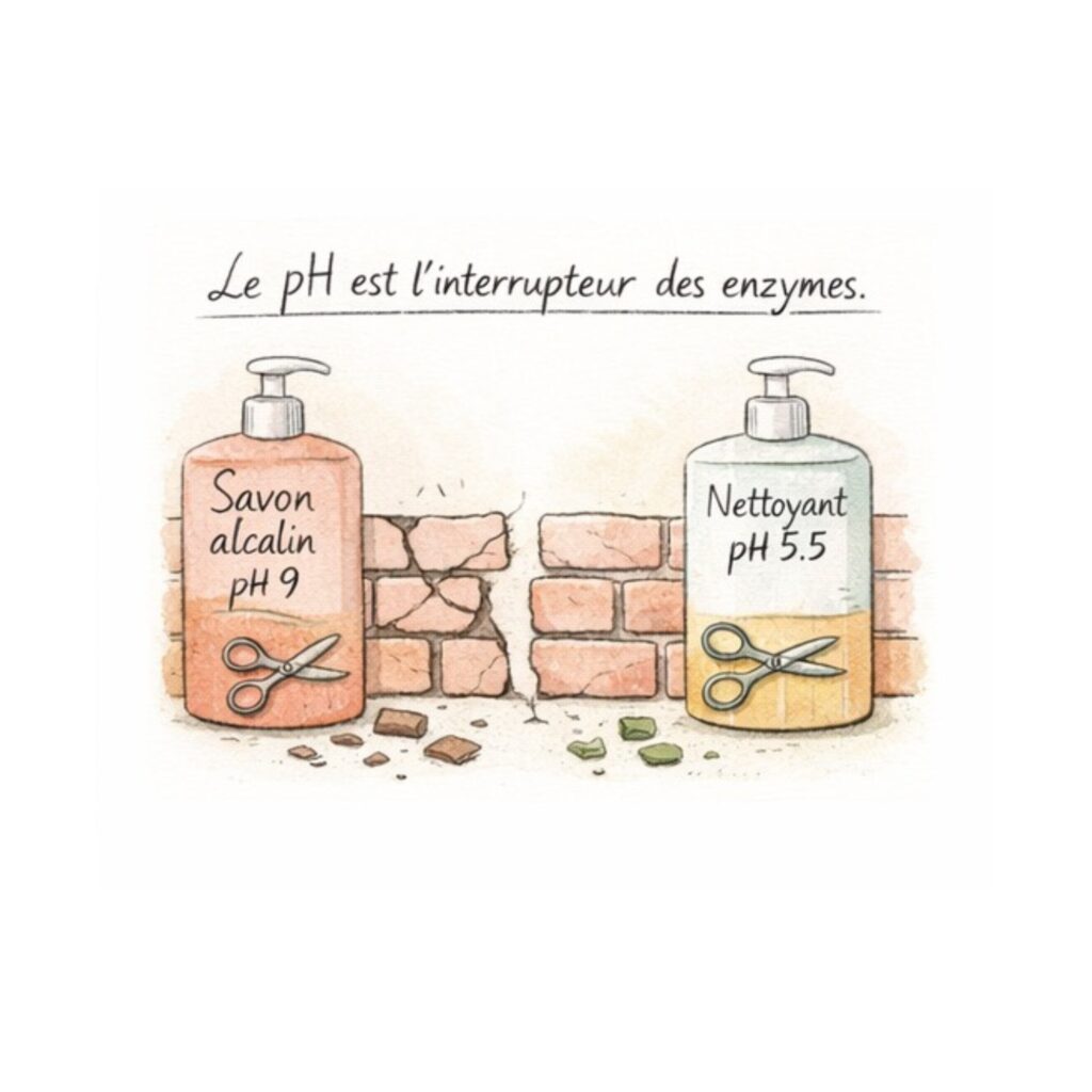 shéma comparatif entre pH élevé et pH équilibré avec conséquences pour la peau